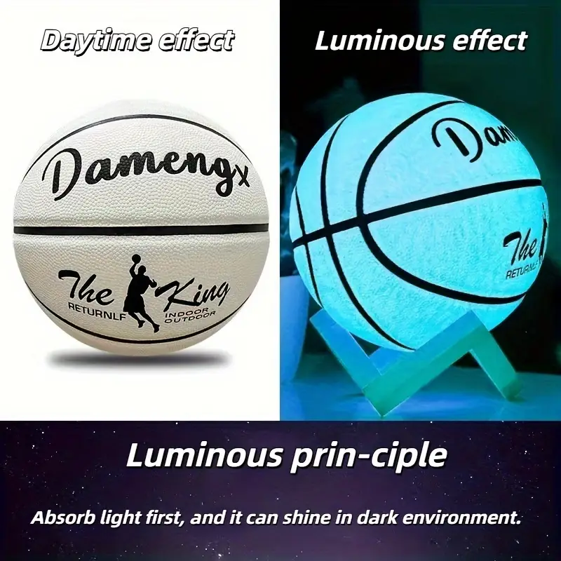 damengx glow in the dark basketball 9 6 inch adult size uncharged pu material anti slip official size 7 outdoor indoor basketball with nylon wrap yarn and butyl liner without battery details 7