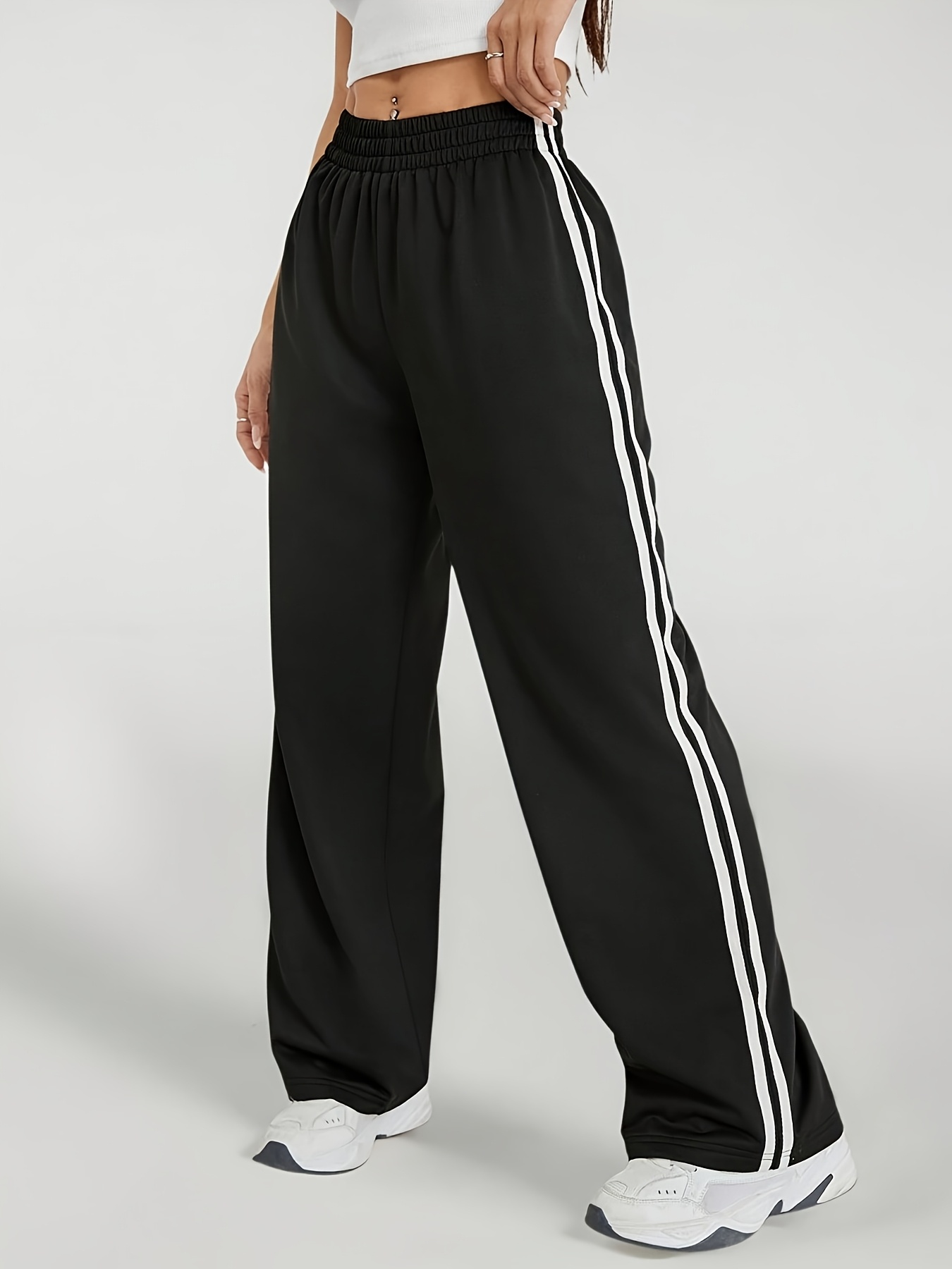 womens casual black joggers side stripe detail elastic waist