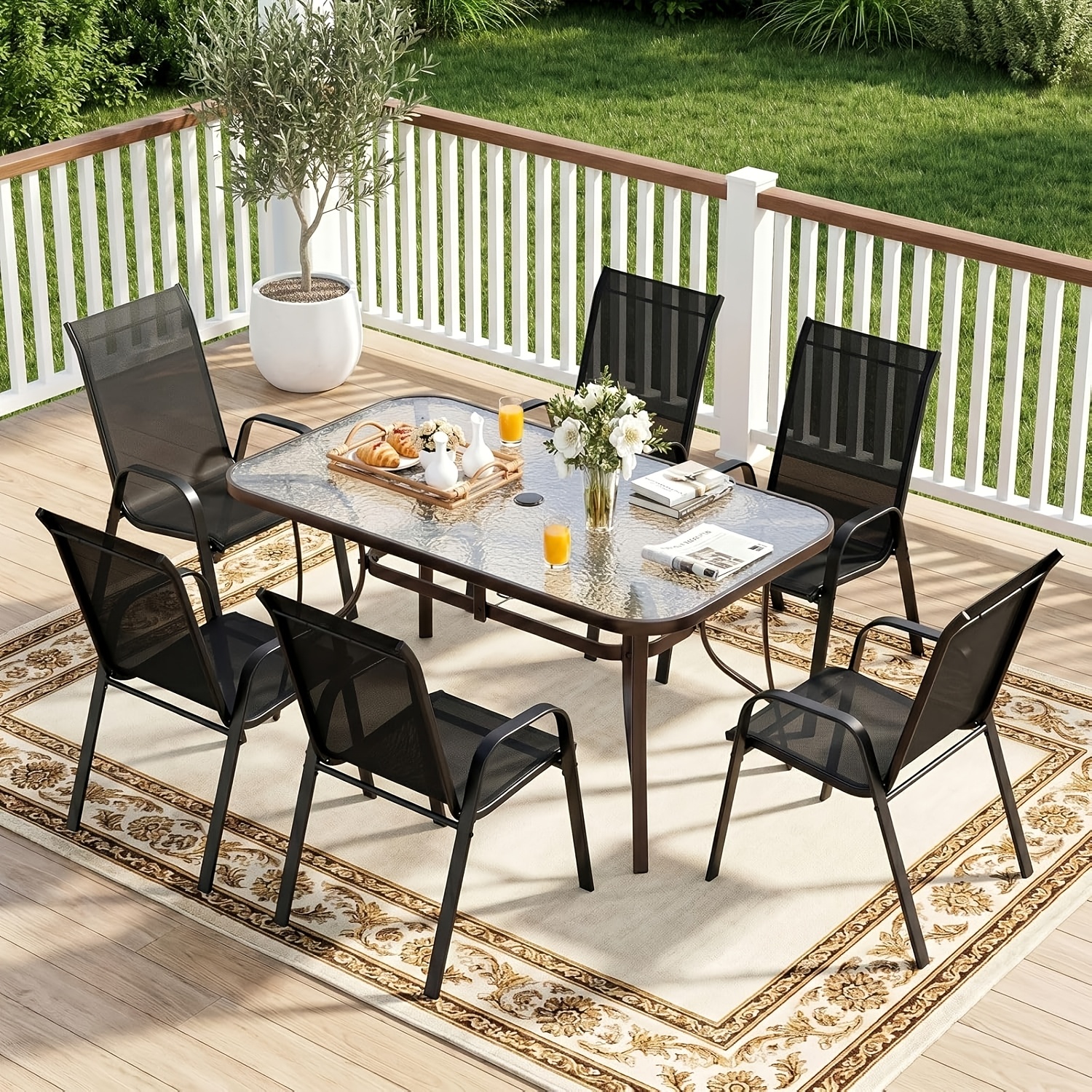 7pcs Outdoor Table And Chairs for 6, Outdoor Dining Set W/Rectangle Glass Table And 6 Patio Textilene Stackable Chairs, Patio Furniture Set W/Umbrella Hole, Umbrella Not Included