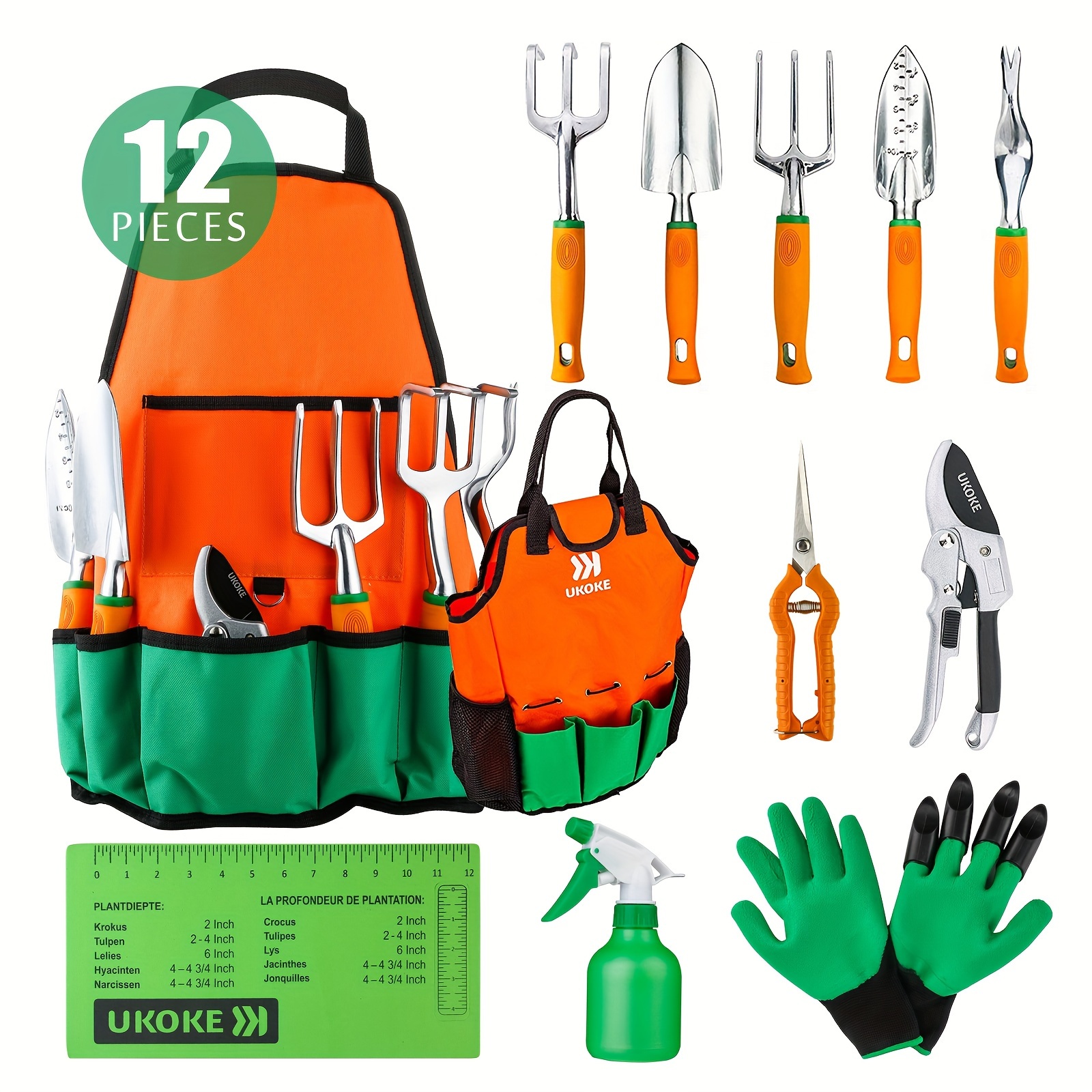 TEMU Garden Tool Set, 12 Piece Aluminum Hand Tool Kit, Garden Canvas Apron With Storage Pocket, Outdoor Tool, Heavy Duty Gardening Work Set With