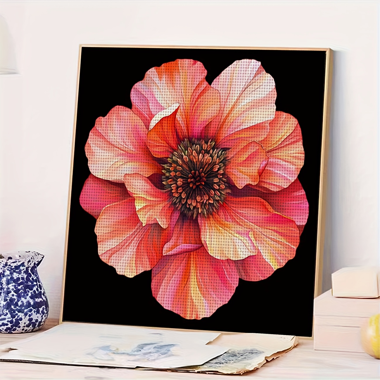 DIY Cross Stitch Print Kit, Frameless, "Vibrant Flowers on Black Background" Pattern