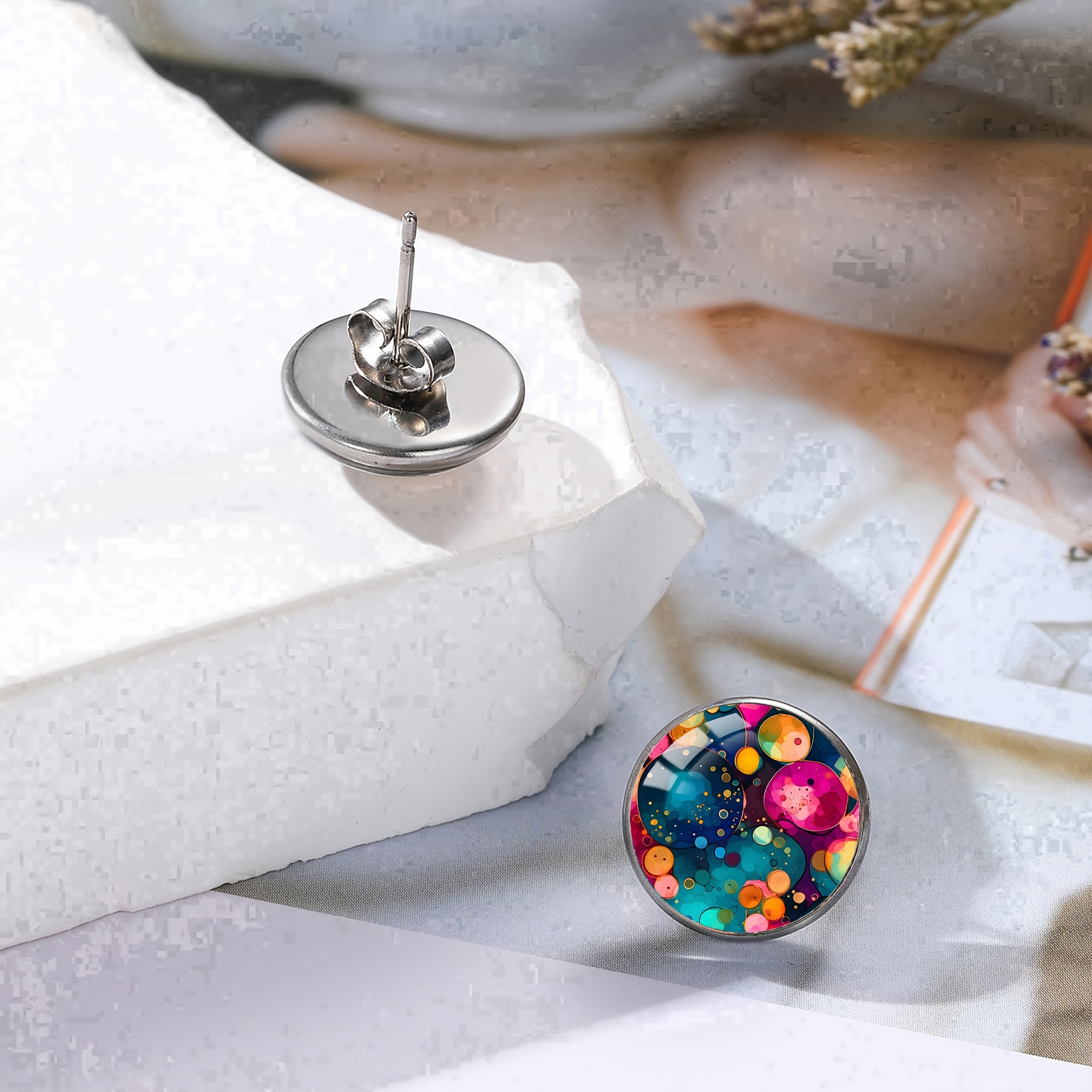 Women's Round Infinity Design Stud Earrings with Glass Mosaic