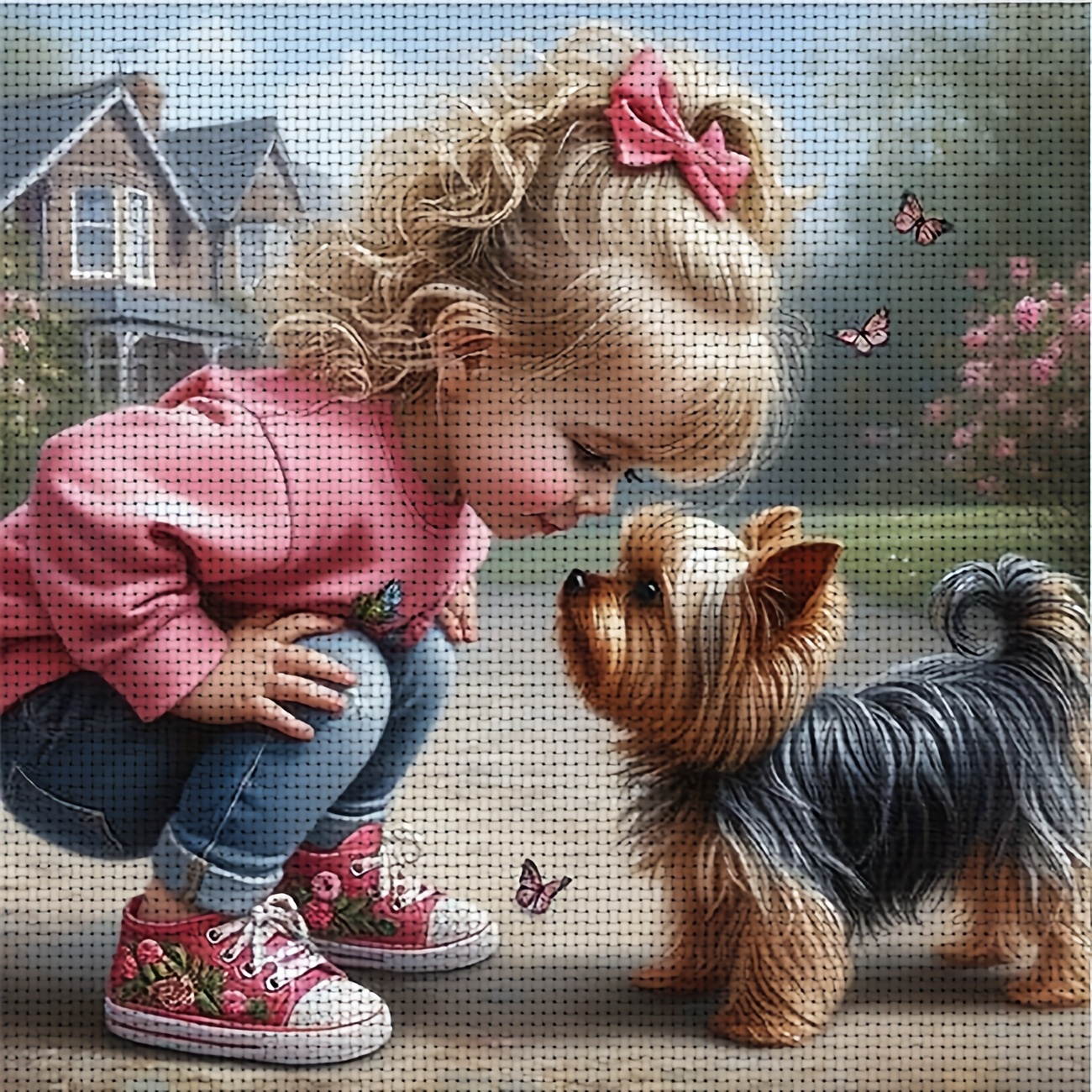 TEMU 1pc Printed Diy Stitch Kit, Frameless, "little Girl And Puppy Gazing" Pattern, Beginners' Relaxing Craft Time, Allows You To Experience The Full