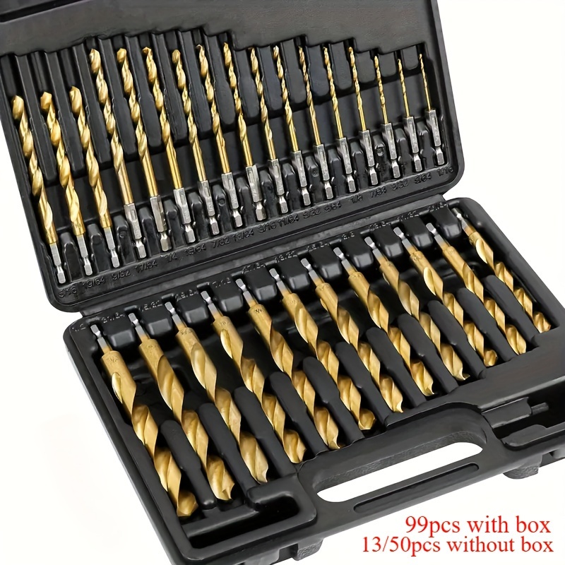 

13/50/99pcs Titanium Coated Set Hex Shank - Kit For Steel, Aluminum, Copper - 1/16"" To 1/2