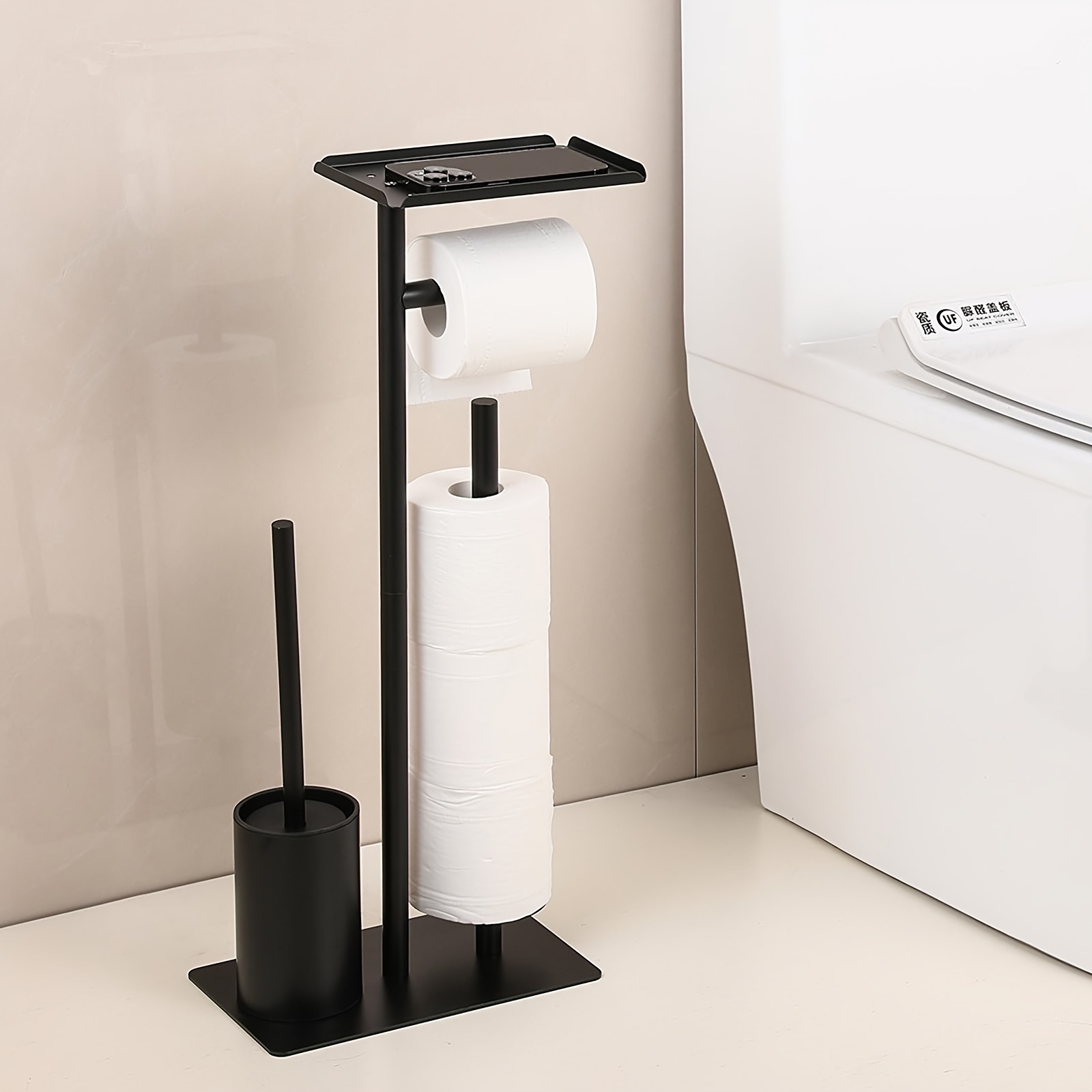 TEMU Paper Holder Free Standing, Toilet Roll Holder With Toilet Brush, Reinforced Non-slip Base, Holds 1+3 Rolls, Easy Assembly, Toilet Paper Holder