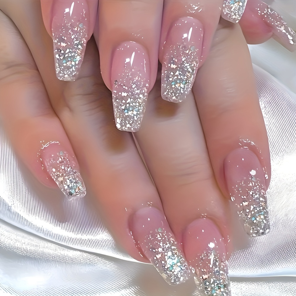 

24 pièces d'ongles pressés en de ballerine - Motif de rayures dégradées style français rose - Manucure artificielle pour les doigts - Ongles artificiels