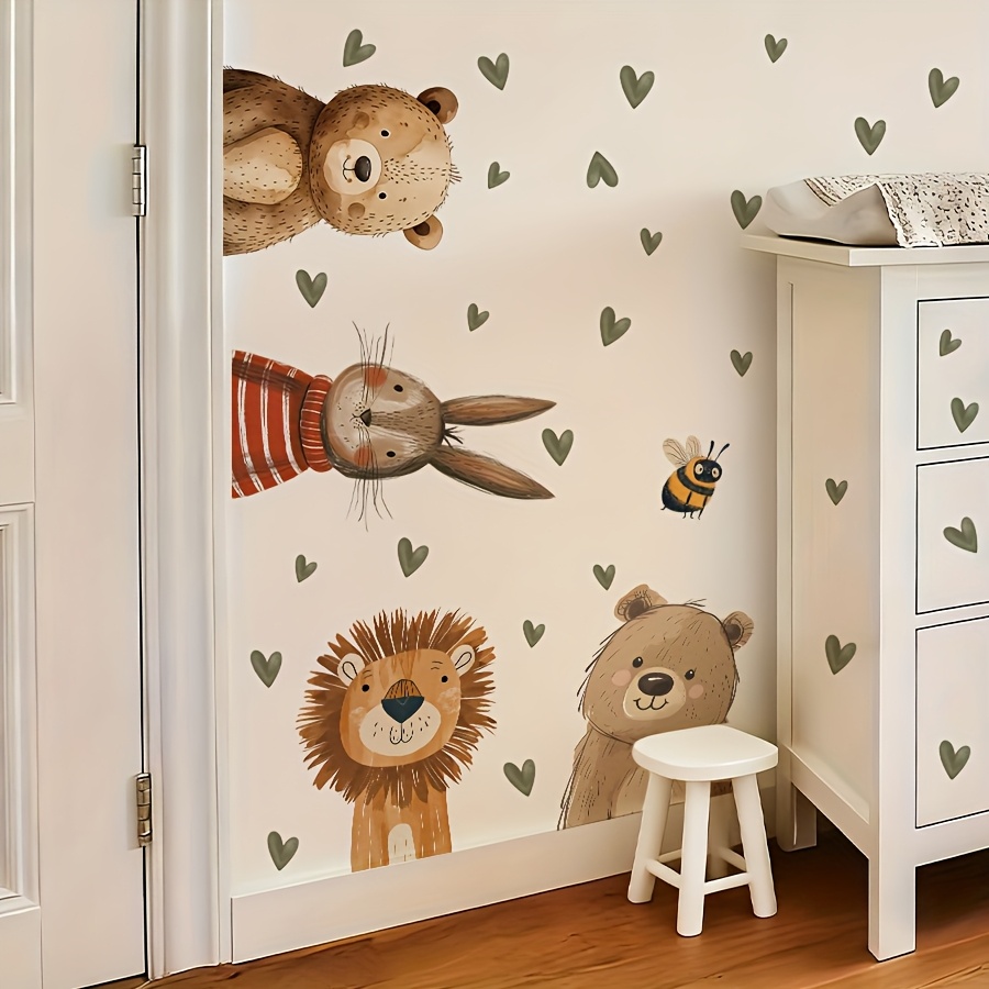 Image of 2 Sheets 30*60cm Watercolor Abstract Animal Wall Stickers With Lion, Rabbit, Bear, Bee, Heart, Bedroom, Living Room, Home Decoration, Wall Stickers, Self-adhesive Pvc