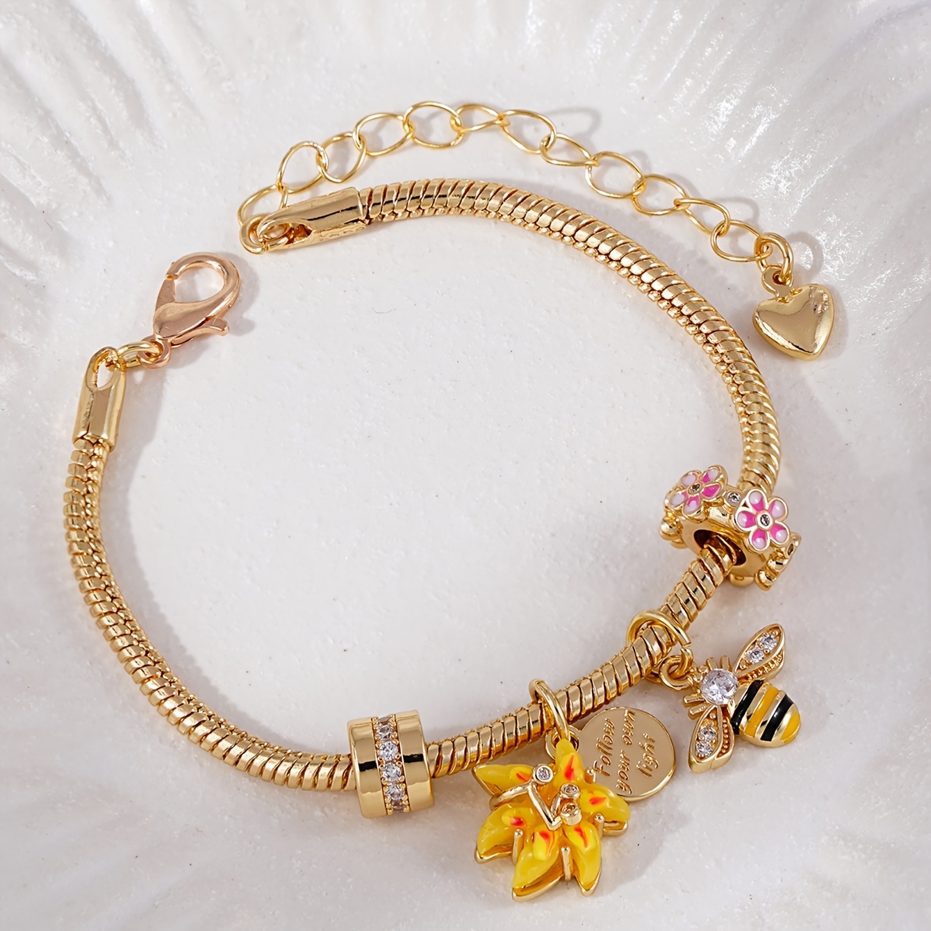 TEMU 1pc Cyspzmd Women' & Floral Beaded Snake Chain Bracelet - Pastoral Bee Round Chain Jewelry With Bee-themed Beads, Style Gift Suitable For Daily