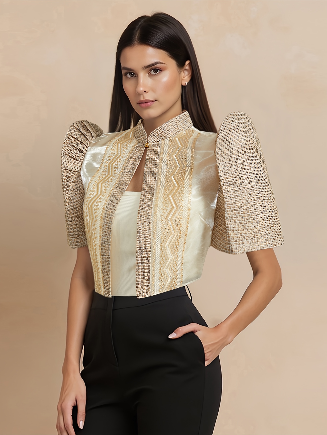 item picture womens   blouse elegant puff sleeve boat neck top with   tribal pattern lightweight summer shirt for casual formal events traditional filipino attire no stretch fabric filipino blouse cultural event attire