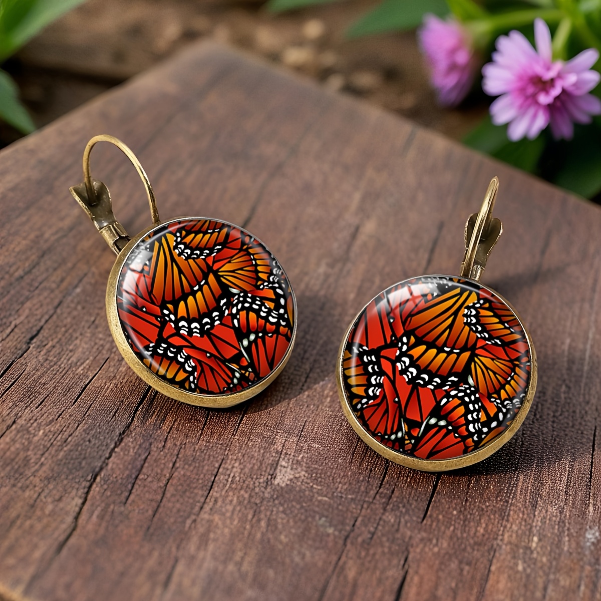 Monarch Butterfly Wing Pattern Round Glass Dome Dangle Earrings, Fashion Gift