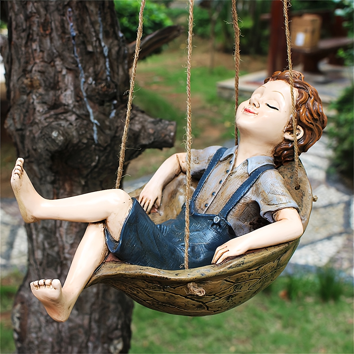 Handcrafted Walnut Boy Swing Resin Sculpture - Decor, Wall-mounted Outdoor Ornament By