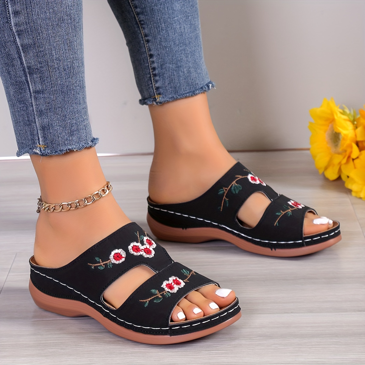 womens flower pattern wedge sandals casual open toe summer shoes comfortable slip on sandals details 7