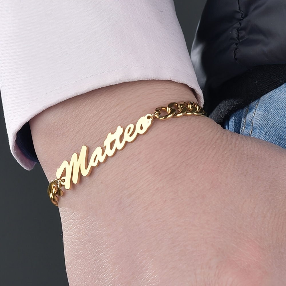 TEMU Personalized Bracelet With Golden Name, Stylish Custom Men's Bracelet With Cuban Chain, Minimalist Bracelet With Name Tag, Valentine's Day Gift,
