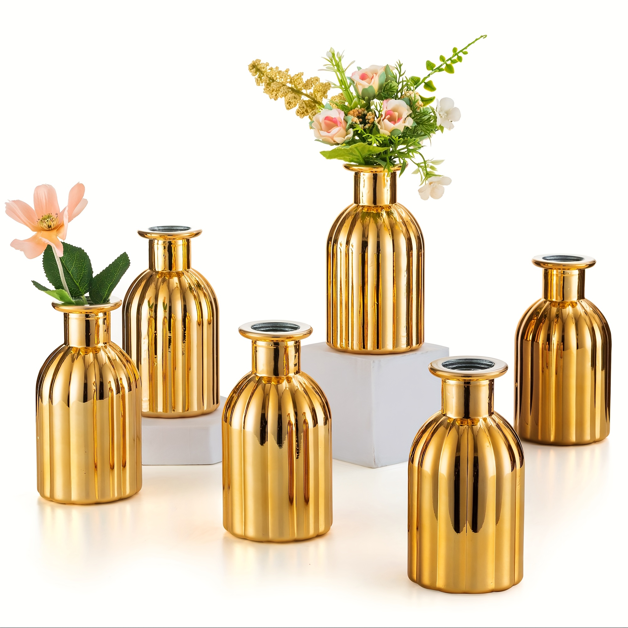 Set Of 6 Glam Golden Glass Cylinder Vases For Centerpieces - Decorative Ribbed Glass Flower Vases For Home Decor, Weddings, Events