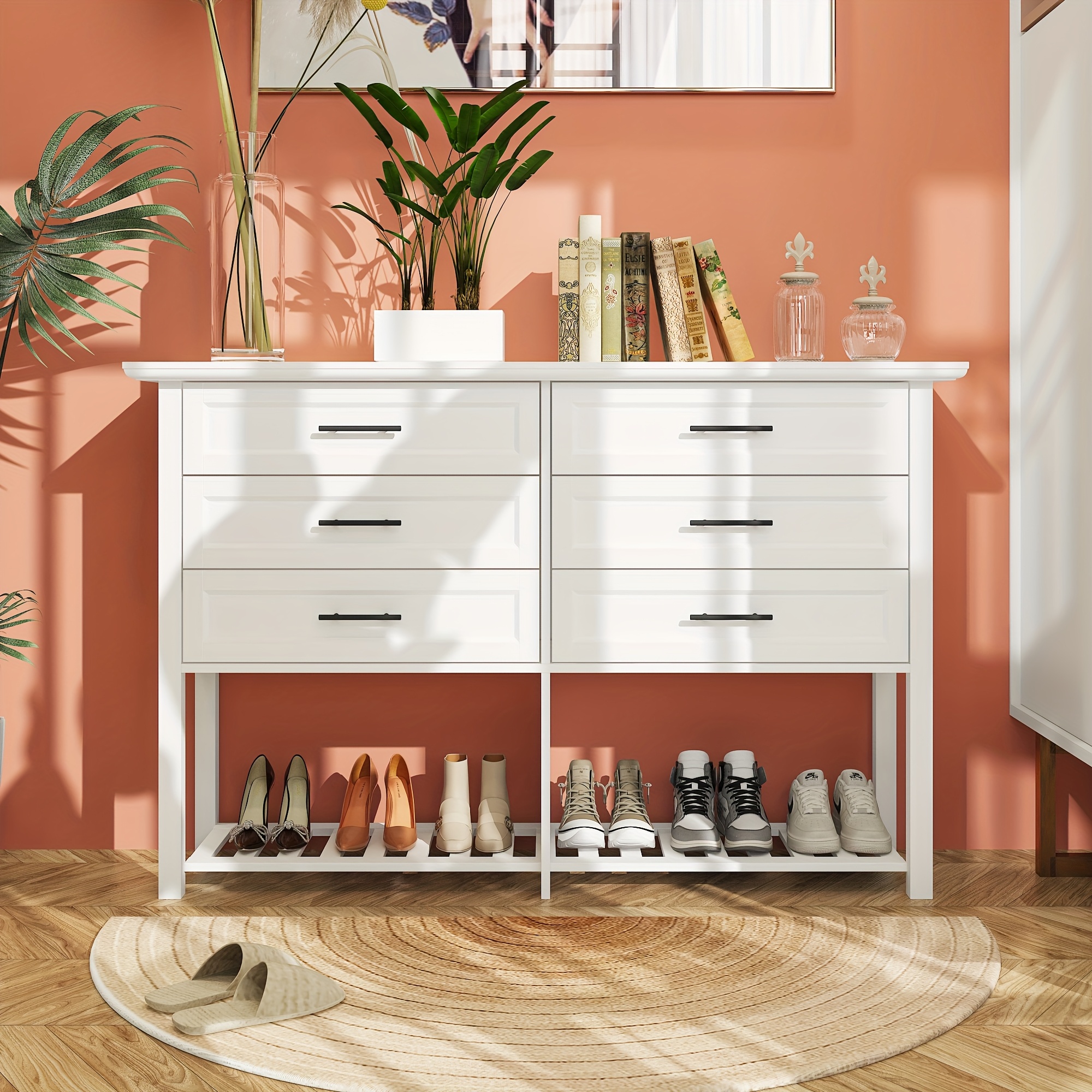 Image of 140cm Long Six-drawer Double-door Sideboard With Black Handles, Wardrobe Storage Rack, Bedroom Storage Cabinet, Clothing Storage Rack, Cabinet, (140cm L × 40cm W × 90cm H)