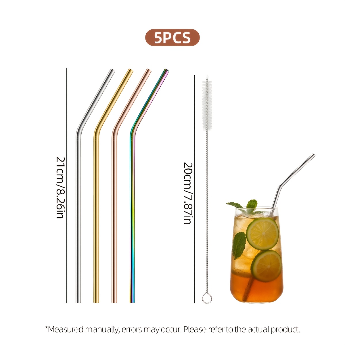 TEMU Paquete de 5 curvas reutilizables con cepillo de limpieza, duraderas de acero inoxidable, fabricadas con metal para alimentos, ideales para ,
