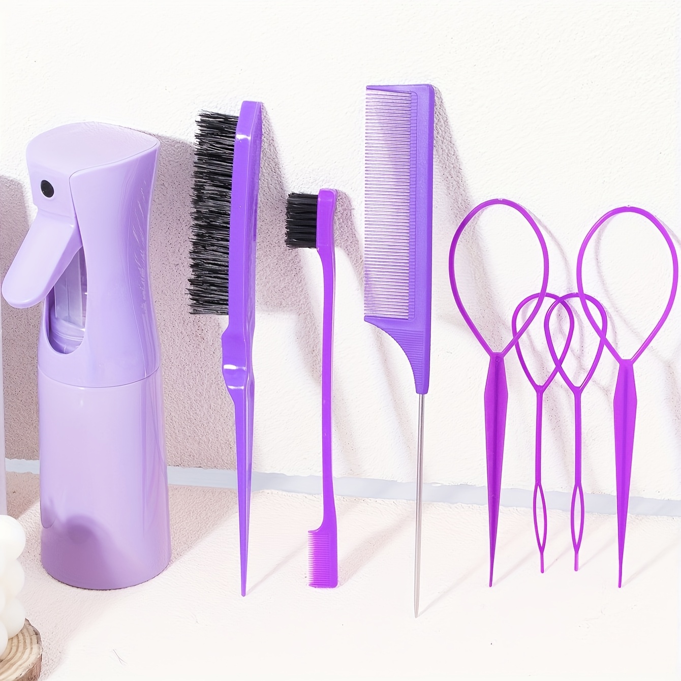TEMU 8pcs Professional Hair Styling Tool Set, Including A Hair Spray Bottle, Braiding Rings, Rat Tail Comb, Teasing Brush, Edge Control Brush,