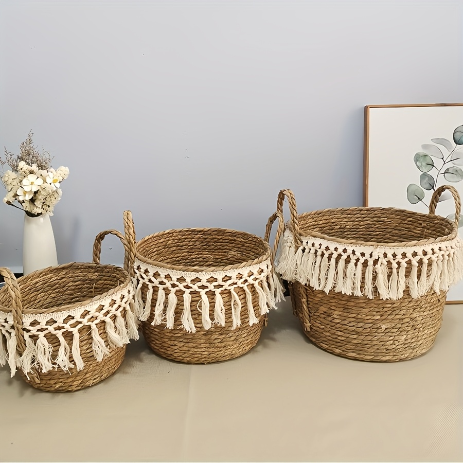 3pcs Round Storage Baskets designed with Lace, Natural Decorative Braided Rope Baskets with Handles for Shelves Blankets Organizing, Storage Basket Planters, Boho Decor for Entryway, Living Room, Bedroom, Fall decorations for home, Laundry Baskets