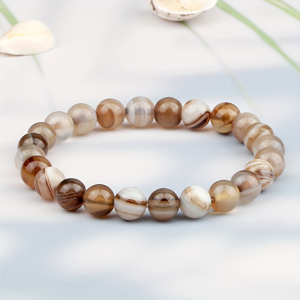 Image of 1pc Handmade 8mm Striped Agate Bracelet - Natural Stone Beads, Bohemian & Elegant Chinese Style Jewelry For Women, Versatile Vacation & Casual Attire, Accessory, Bead Bracelet, Artisanal Beadwork