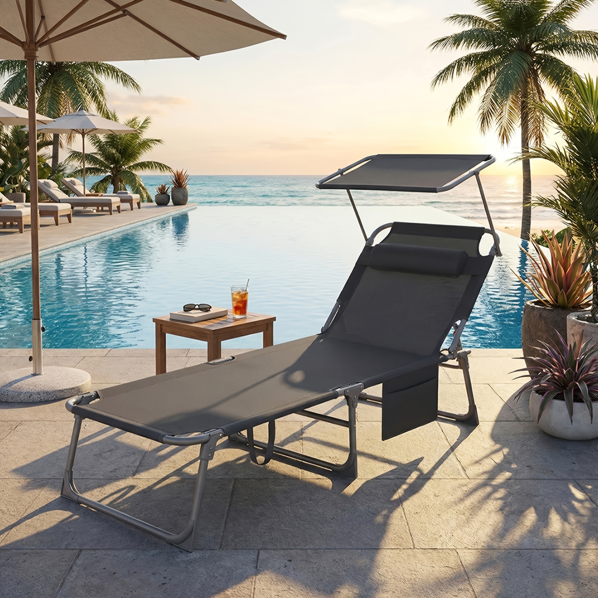 Folding Garden Lounge Chair, Adjustable Backrest, Sun Lounger With Sunshade, Patio, Pool