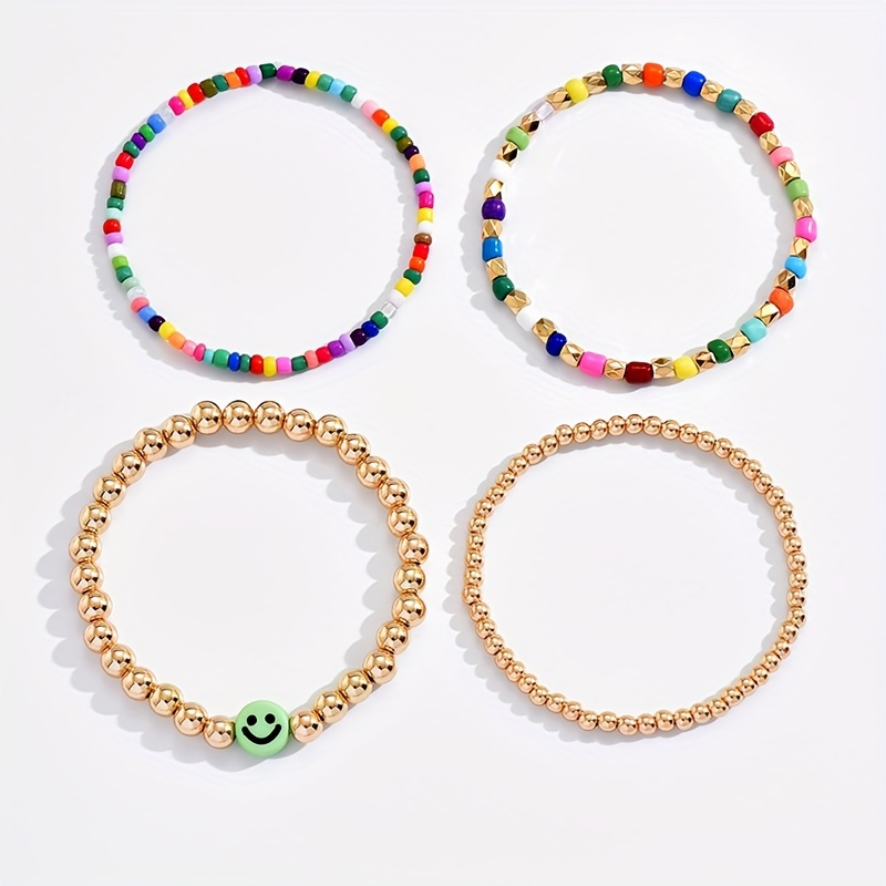 TEMU 4 pièces Bracelet Visage Bohème Joyeux en Perles Dorées en Cuivre Inaltérable