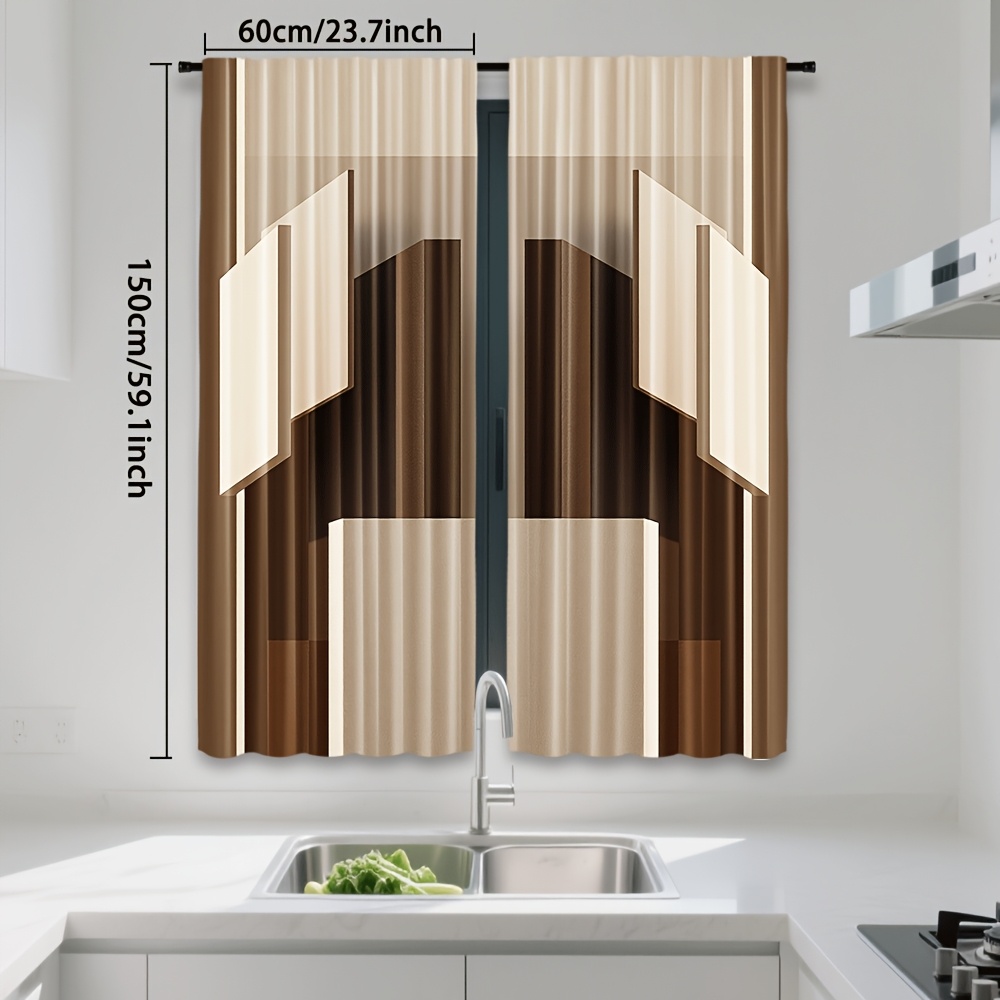 2pcs Cortinas Bege com Padrão de Bloco Geométrico - Design de Bolso de Varão 11