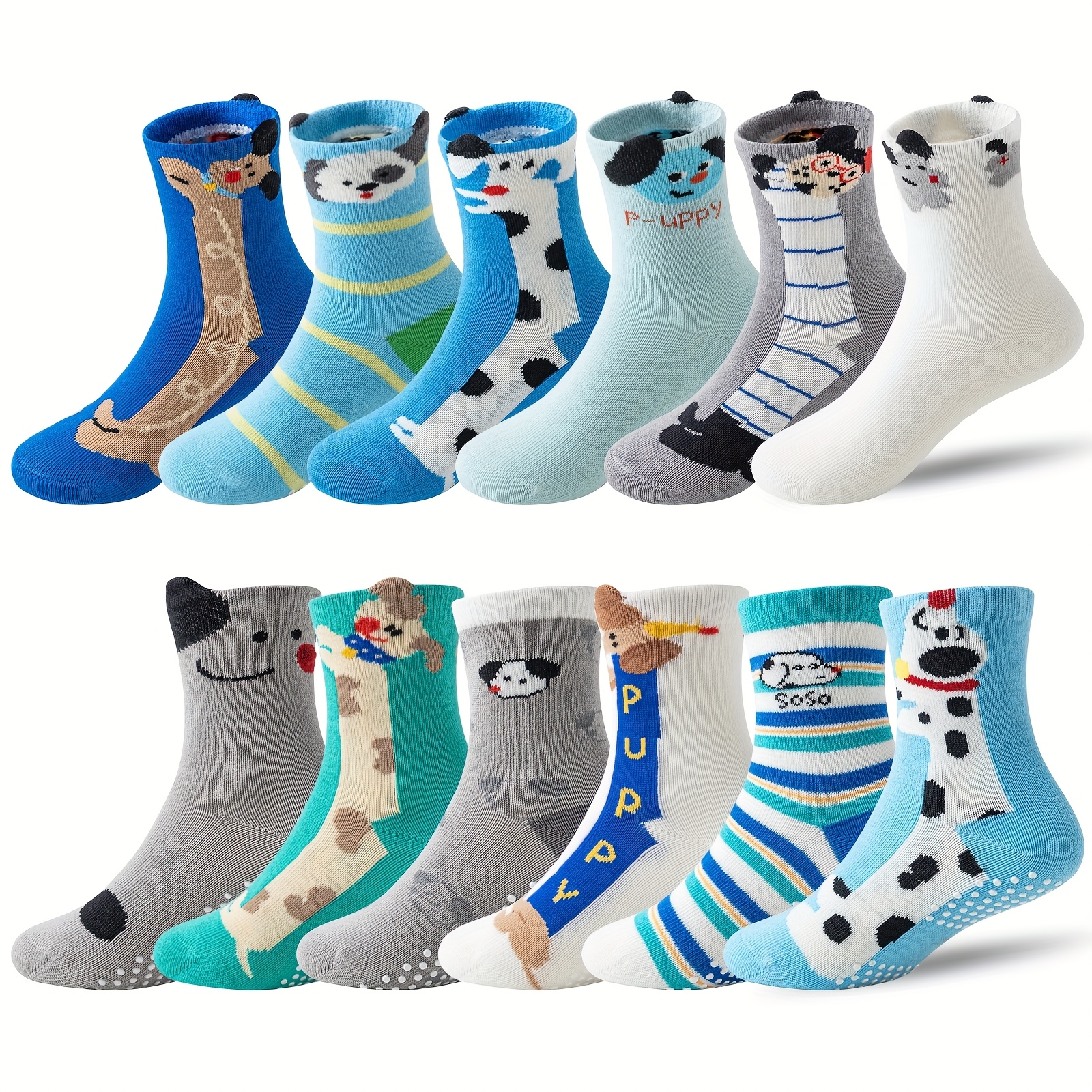 TEMU 12 Pairs Baby Boy&girls Toddlers Grips Socks 12 Pairs Kids Anti Slip Non Skid Animal Funny Cartoon Crew Breathable Cotton Socks