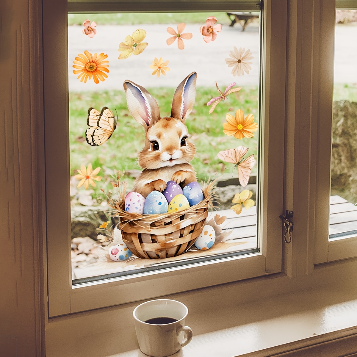 

Easter Bunny And Egg Basket Window Cling Decoration - 30x30cm Dual-sided Pvc Sticker, Reusable, Floral And Accents For Bedroom Or Balcony, Rabbit Decor