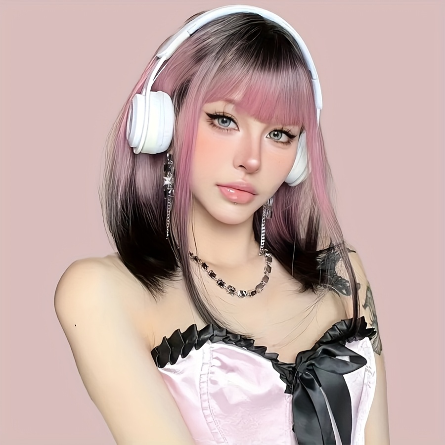 Image of Women's Gradient Short Straight Bob With Bangs Wig - 35.56cm, Matte High-temperature Fiber, Look, Heat Resistant Synthetic Hair, Cap, Density, Black To Pink Ombre, Hairpiece, Cap Wig