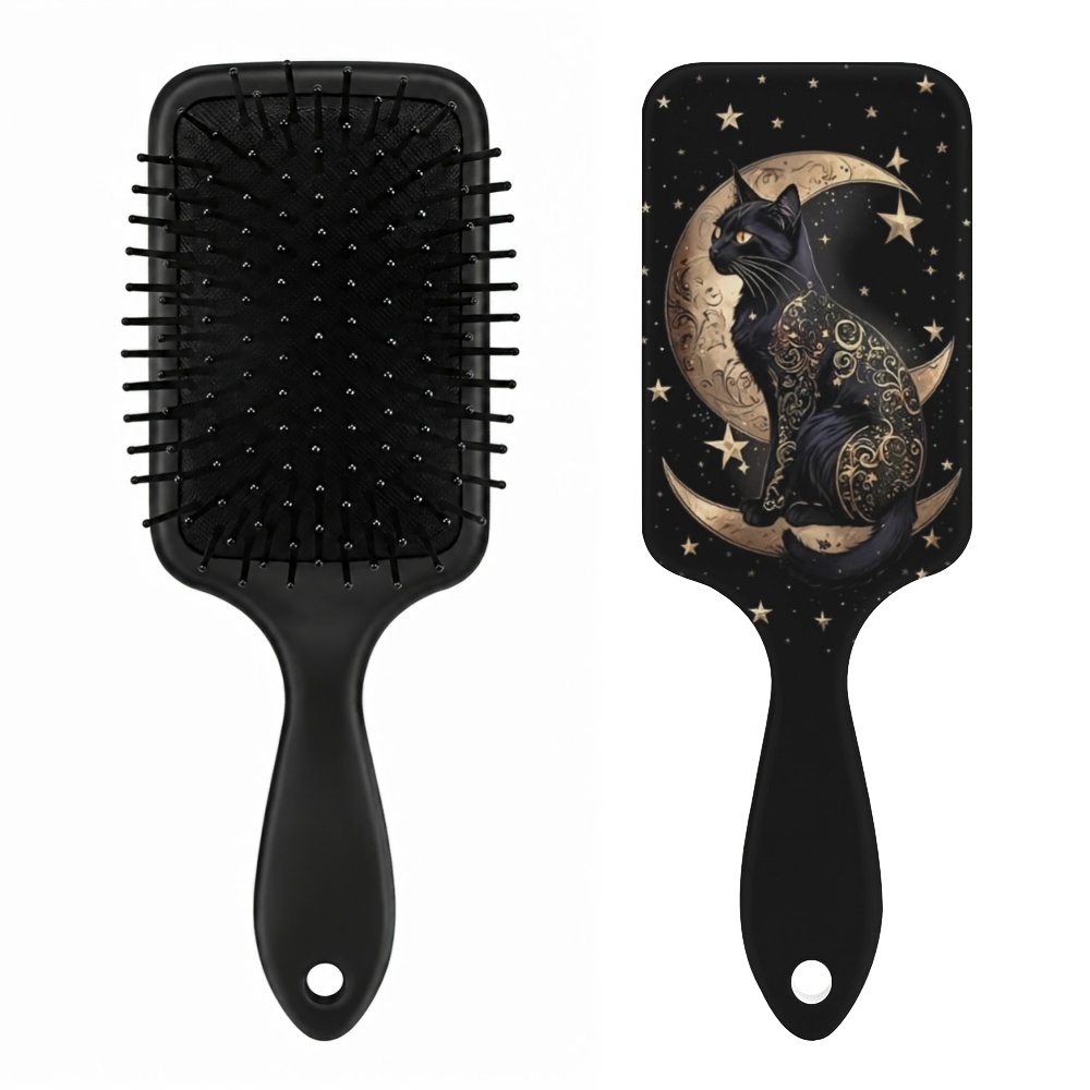 TEMU Black Cat Theme Pattern Air Cushion Comb, Scalp Massage Comb, Anti-static, Comfortable Grip Hairbrush, Travel Hair Brush, Durable Abs Handle