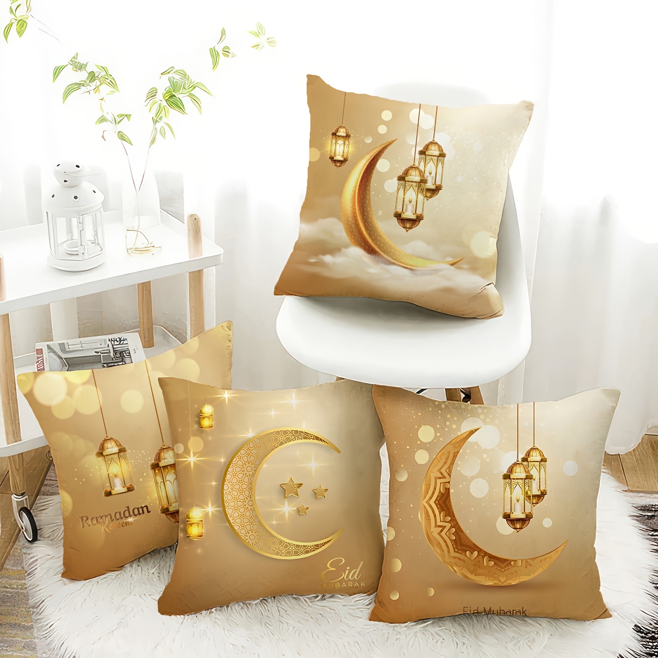 

4pcs Set Short Plush Pillow Covers - 18x18 Inch, Single-sided Ramadan Design, Zip Closure, Machine Washable For Sofa &