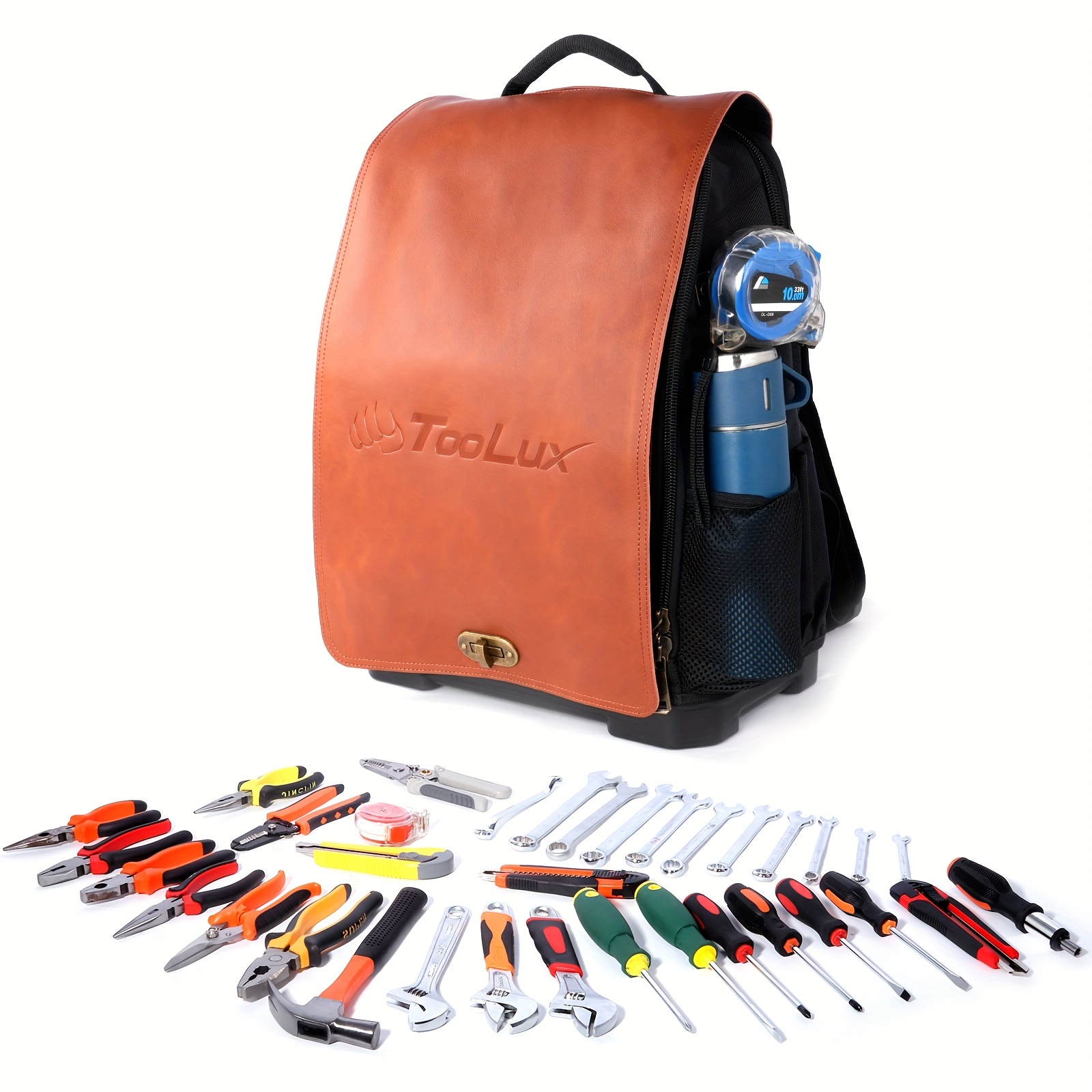 

Heavy-duty Tool Backpack (pro Grade) With Detachable Leather Cover And Molded Base, Tool Bag With 57 Pockets And Loops