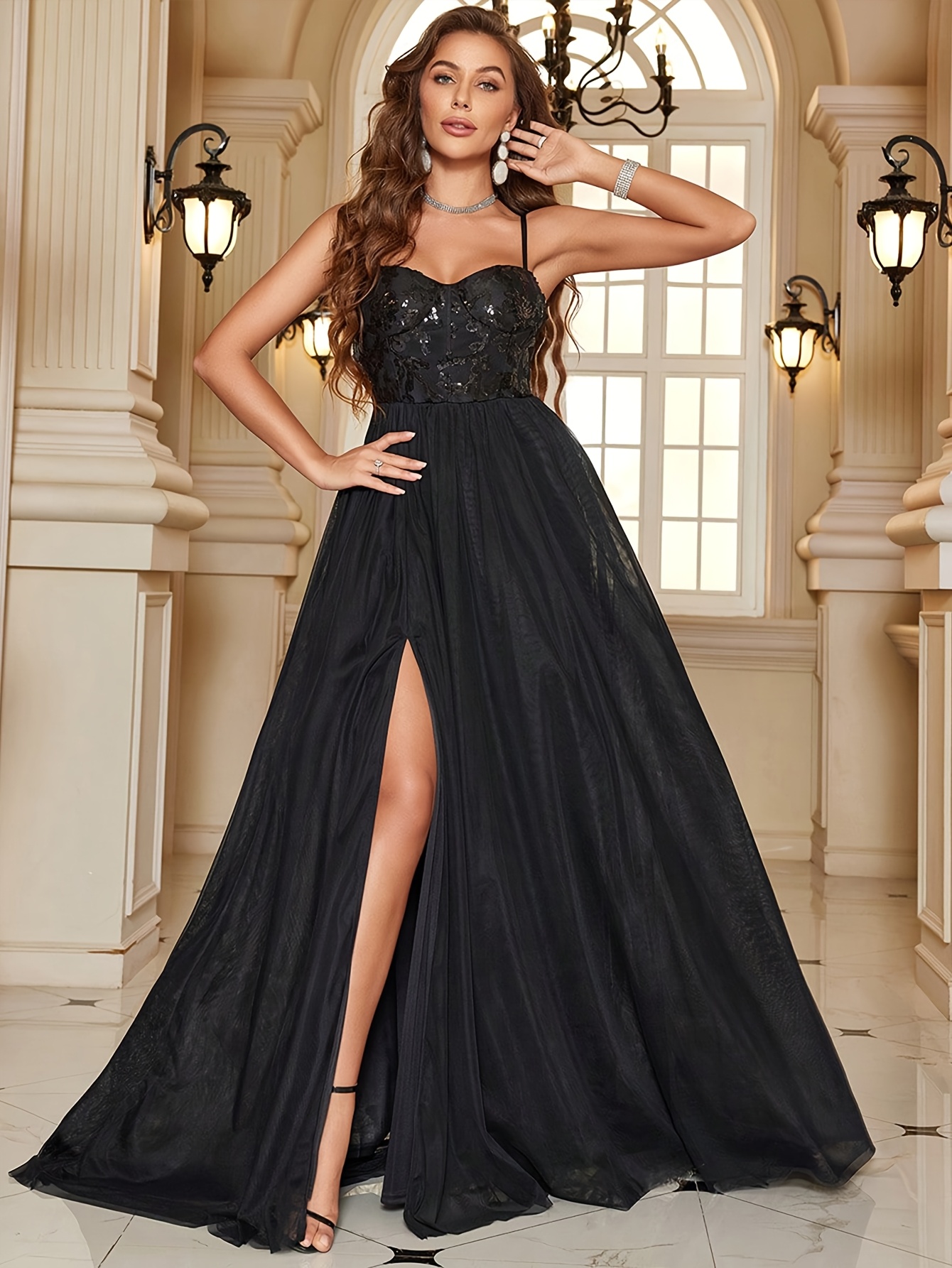 Sequin Spaghetti Strap Long Dresses Evening Gown Long Black Strap