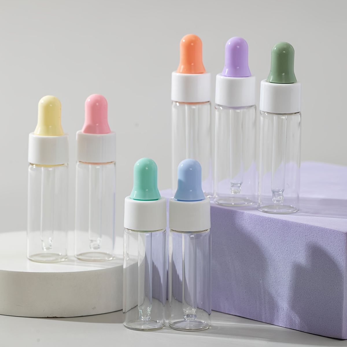 7pcs Transparent Small Dropper Bottles, Colored Cap Essential Oil Bottles Size