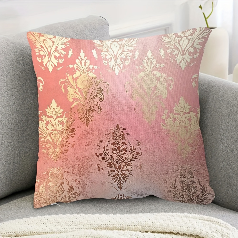TEMU 1pc Elegant Matte Pink Damask Throw Pillow Cover, 18x18 Inch, Soft Short Plush With Iridescent Golden Patterns, Single-sided Print, Zippered,