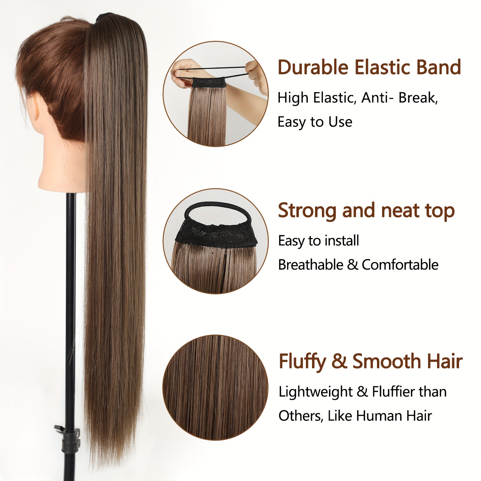 ponytail extensions featuring a flexible elastic band suitable for women measuring 28 inches in length with straight soft and natural looking synthetic ponytails   in mixed shades of blonde   and silvery details 3