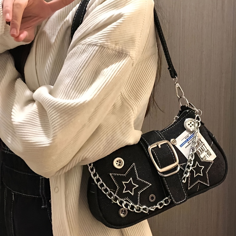 

Chic & Trendy Y2k Denim Shoulder Bag With Star Detail - Closure, Polyester Liner, And Fashionable Chain Accent With Spring, Summer, Autumn And Winter , Theme