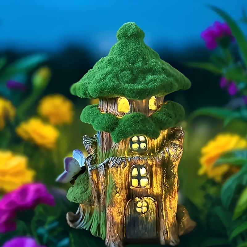 Image of Solar-powered Fairy Garden House, Treehouse Tower, Flocked Yurt - Realistic Fantasy Forest Outdoor Statue Light For Home And Yard Decoration