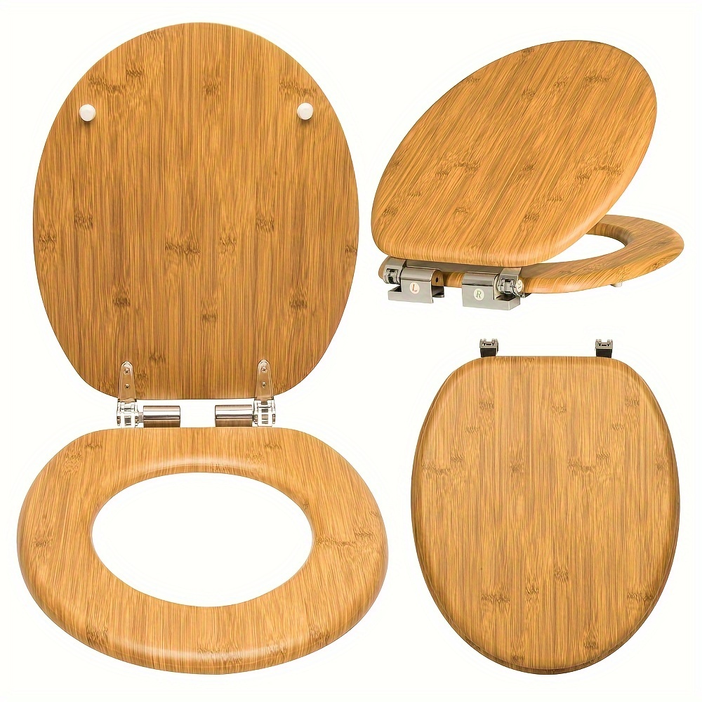 1pc Wooden Toilet Lid With Soft Close, Toilet Seat Release Function, Easy To Clean, , Toilet Seat, Made Of Mdf, Bamboo Pattern