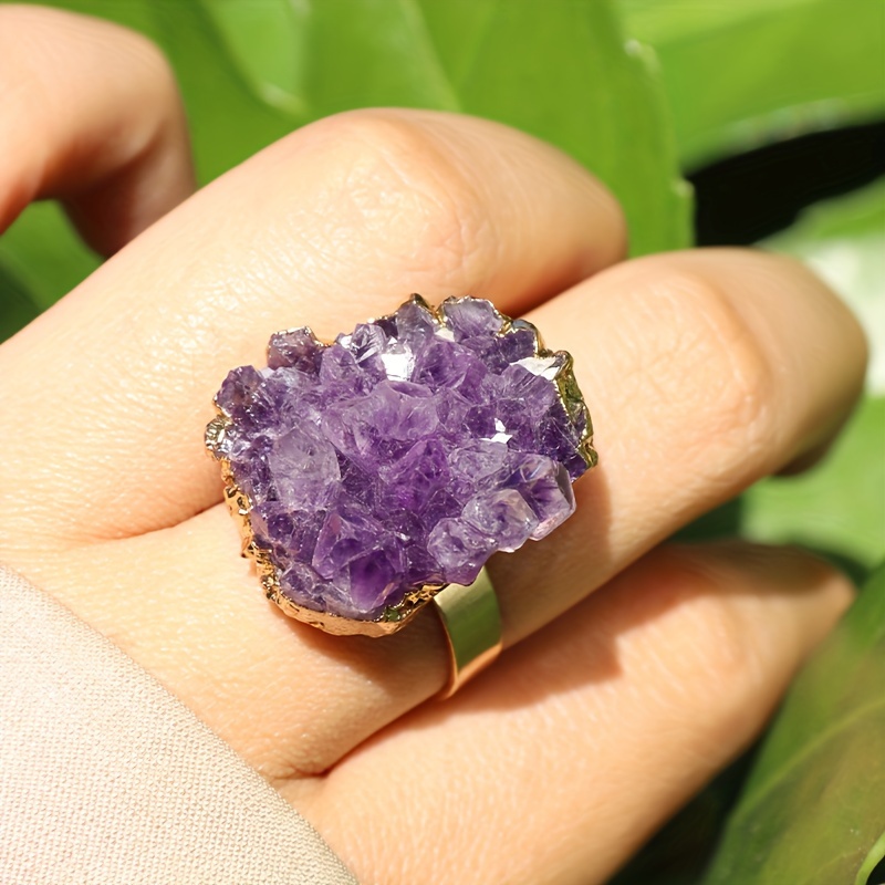

Purple Amethyst Cluster Adjustable Ring, Bohemian Vintage Style, Open-back Natural Gemstone Jewelry, Unique Gift For Summer Holidays