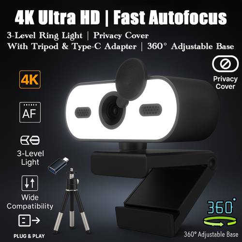 photo de l'article webcam usb 4k ou 1080p , lumière annulaire à 3 niveaux, cache de confidentialité, trépied, adaptateur usb-c pour zoom teams streaming
