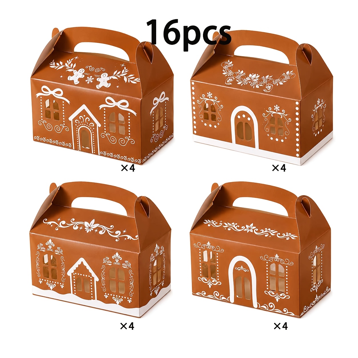 TEMU 8/16 cajas de regalo de papel con forma de de jengibre navideño con , 4 estilos marrones y blancos con estampado de glaseado, cajas plegables