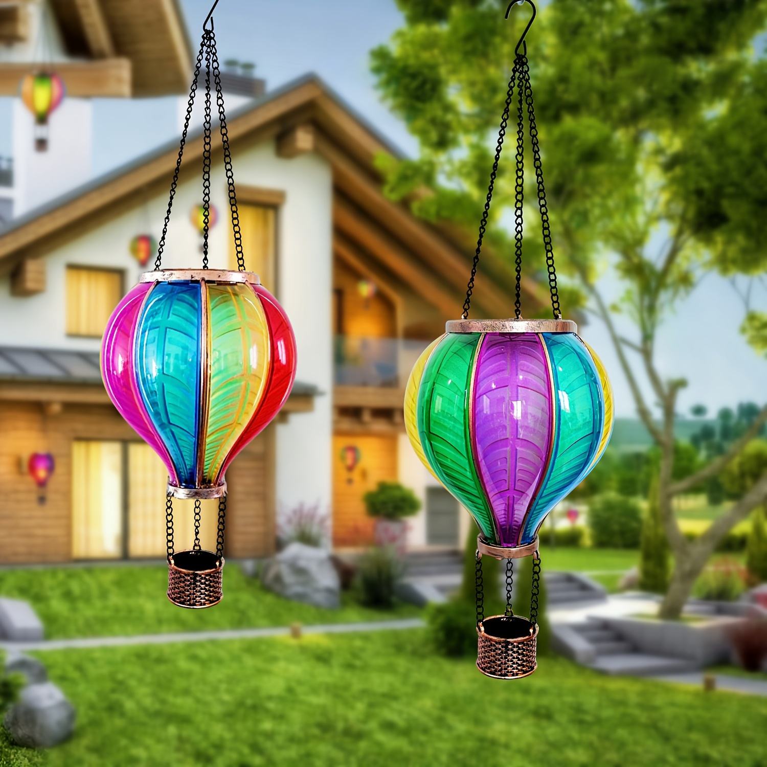 

1pc Solar-powered Flickering Flame Rainbow Hot Air Balloon Lights, Plastic Outdoor Garden Decor, Auto On/off, Waterproof Hanging Lanterns