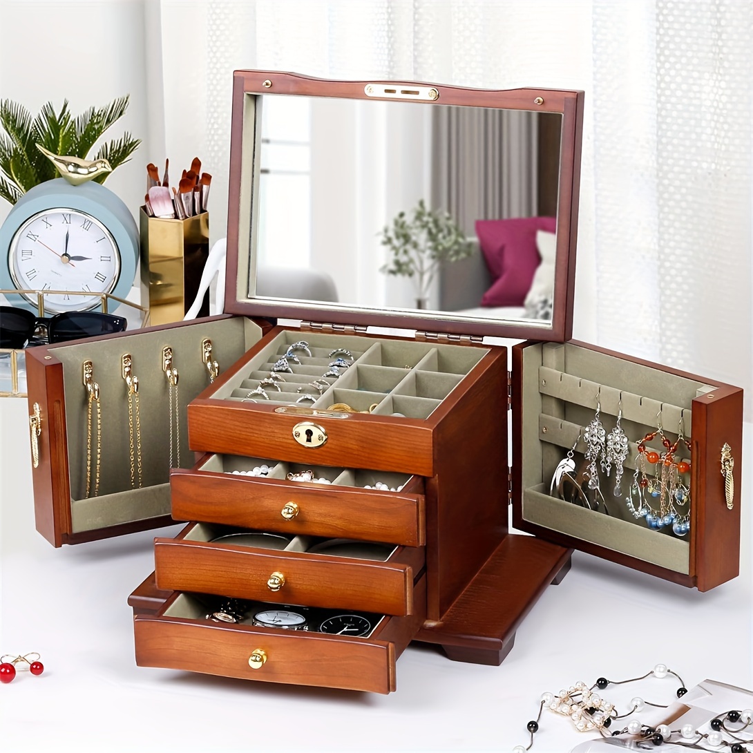 

Hardwood Large Wooden Jewelry Box For Women, Solid Wood Vintage Jewelry Organizer Box With Mirror, Lockable Jewelry Storage Wjc03ht