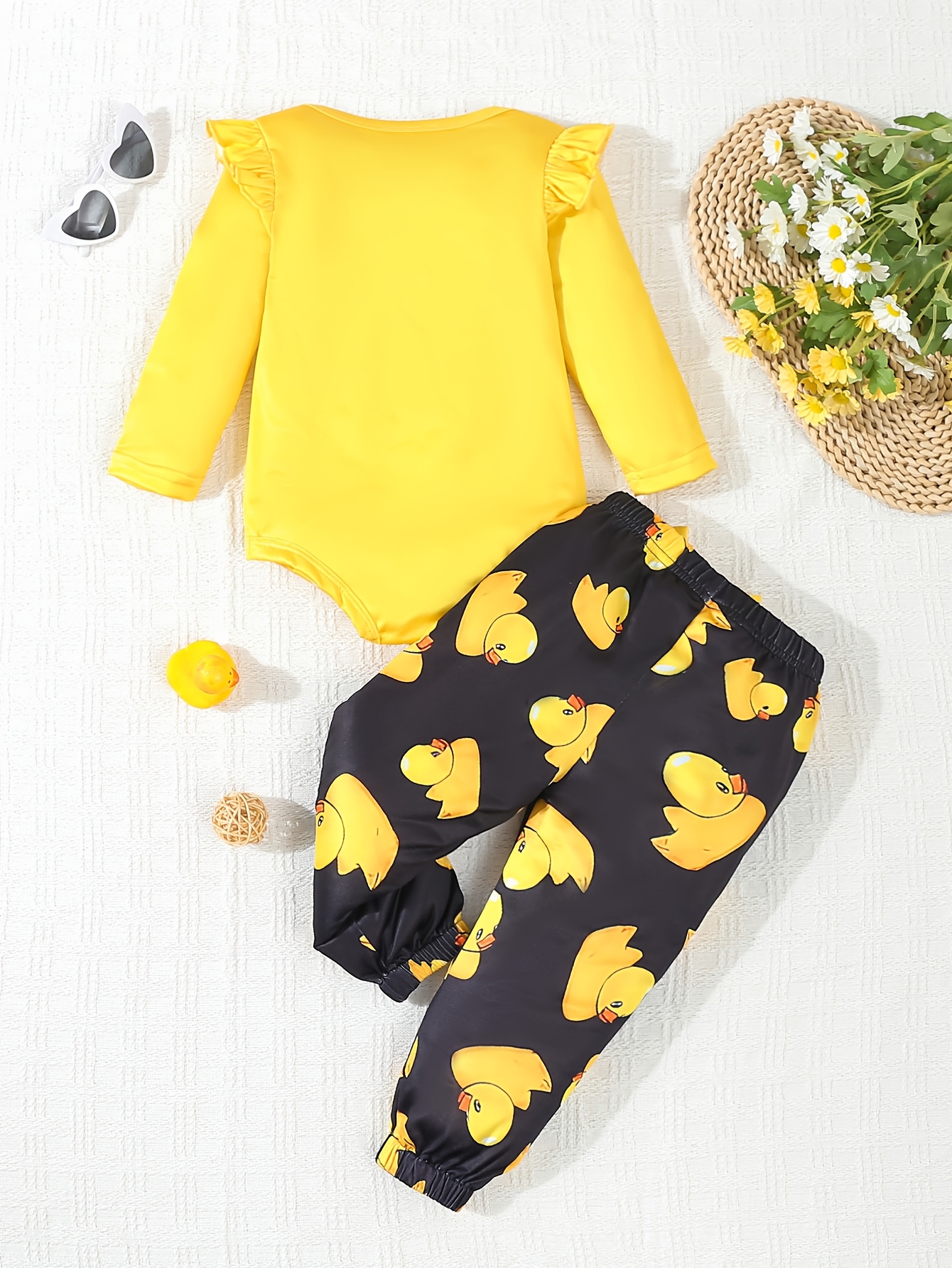 2pcs set baby girls cute yellow duck print ruffle sleeve Temu
