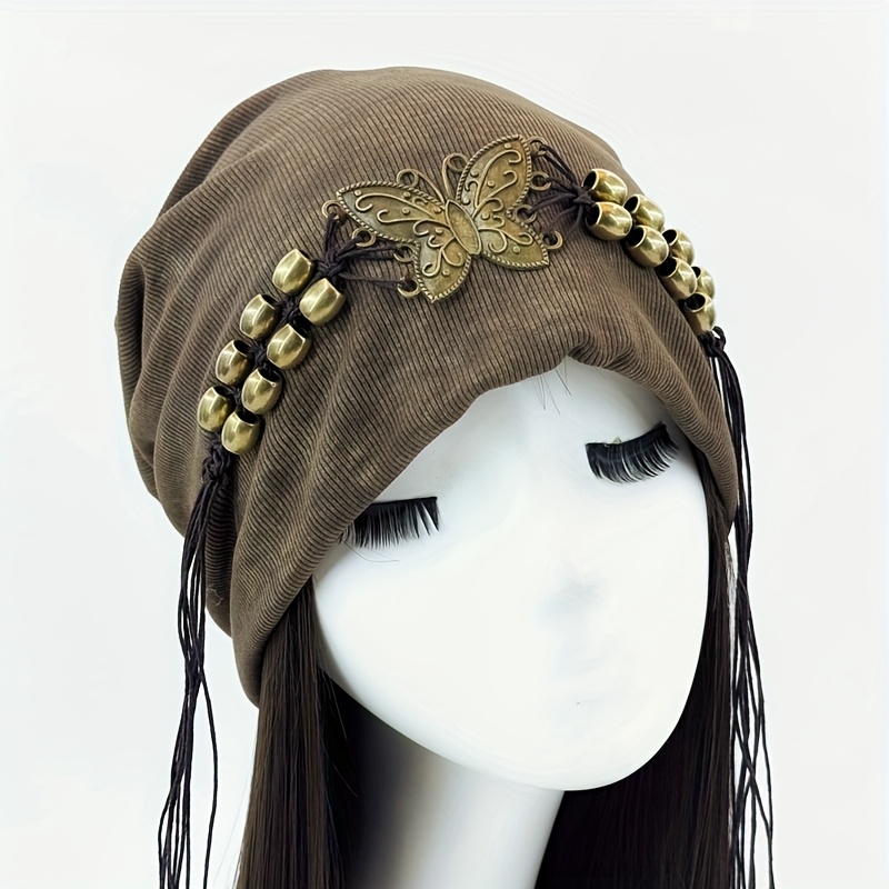 TEMU 1pc Women's Sweet Headscarf Tassel Beaded Artistic Retro Women's Hat Fashionable Trendy Slouchy Beanie Hat Shows Small Face Spring And Autumn