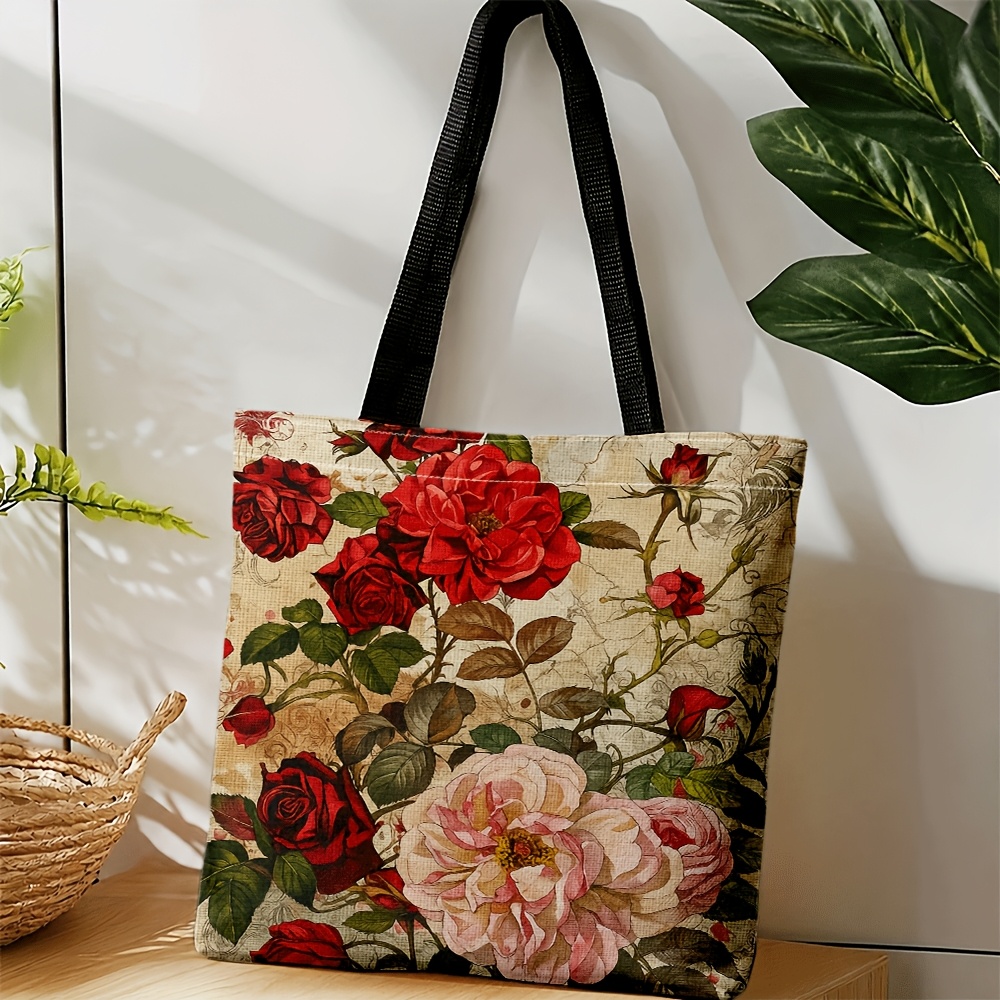 TEMU Bolso tote bandolera y rosas, para hombres y mujeres, bolso de unisex con correa, lavable a máquina, estampado floral retro para trayectos