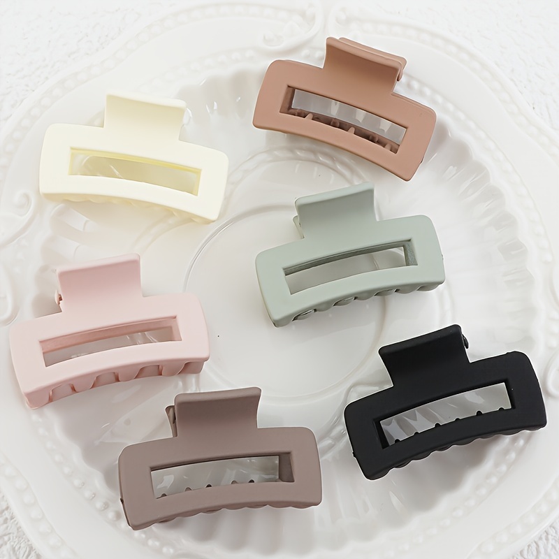 

6pcs Cute Minimalist Solid Color Matte Oblong Hair Claw Clips Set - Plastic Hollow Hair Clamps For Women And Girls 14+, Perfect For Ponytails And Bangs - Middle Size
