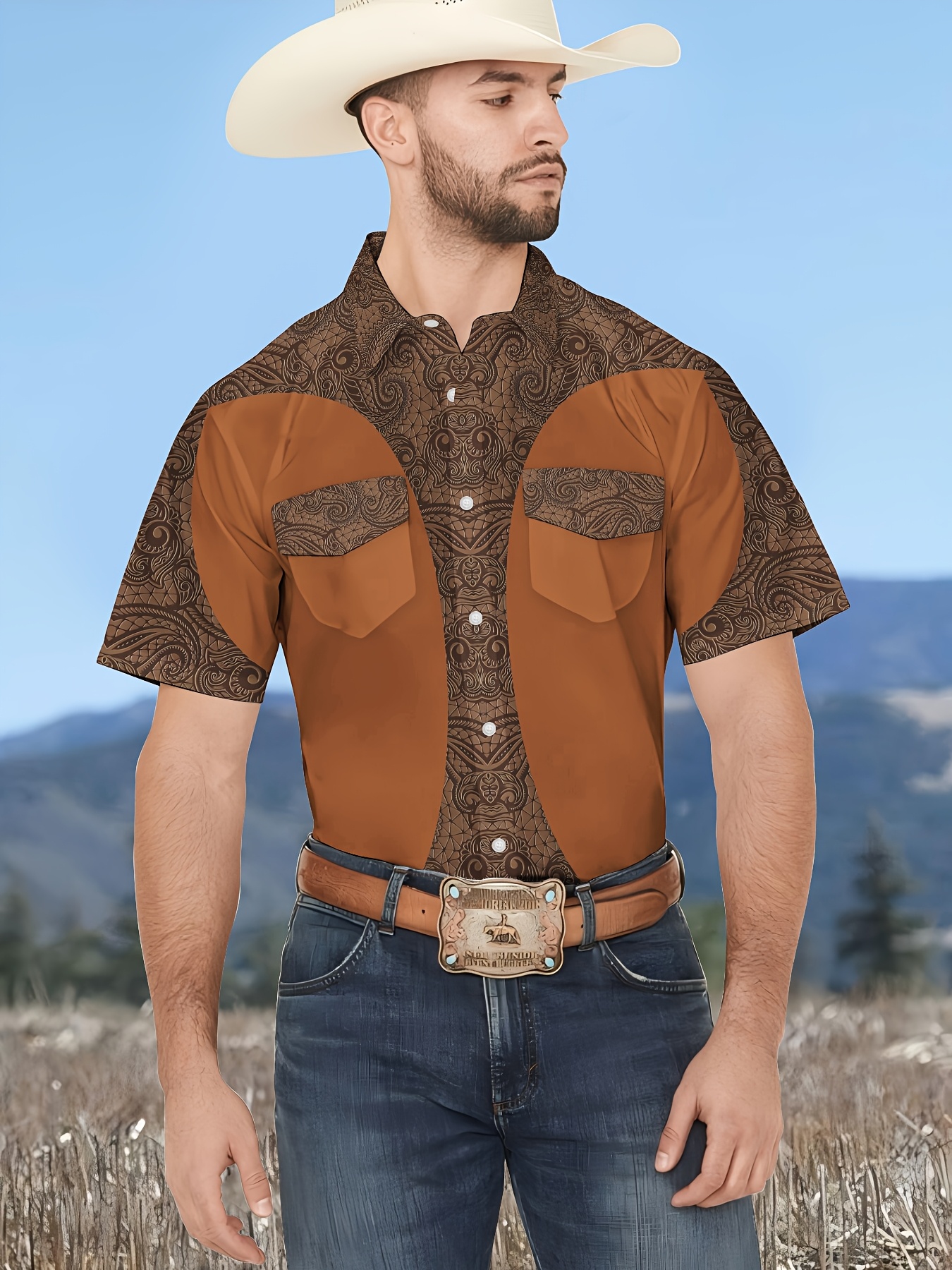 men's stylish brown short sleeve shirt geometric pattern - Temu