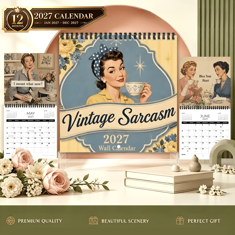 2027 Wall Calendar, 1pc 2027 Vintage Sarcasm Wall Calendar, 12-month Monthly Planner With Twin Wire Spiral Binding, Blocks, Us Holidays, Retro Style, Perfect Halloween Christmas New Year Gift